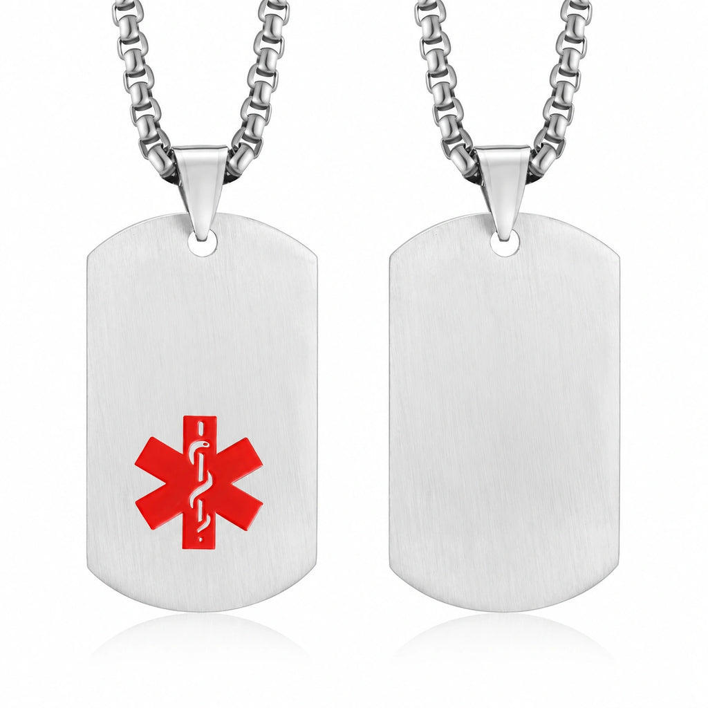 Silver medical ID dog tag pendant shown from front and back with medical alert symbol and engraving area.