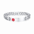 Silver stainless steel medical ID curb chain bracelet with polished engraving plate and red medical alert symbol.