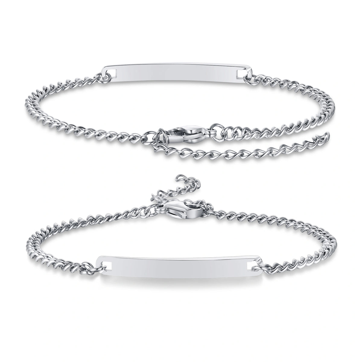 Silver stainless steel medical ID chain bracelet with polished engraving plate and adjustable extension chain.