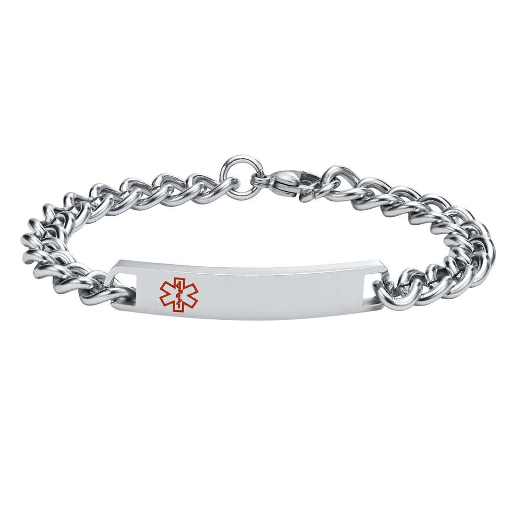 Silver stainless steel medical ID chain bracelet with personalized engraving plate and red medical alert symbol.