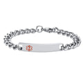 Silver stainless steel medical ID chain bracelet with personalized engraving plate and red medical alert symbol.