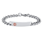 Silver stainless steel medical ID chain bracelet with personalized engraving plate and red medical alert symbol.