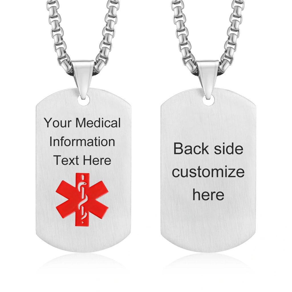 Silver personalized stainless steel medical ID dog tag necklace showing front medical symbol and back engraving area.