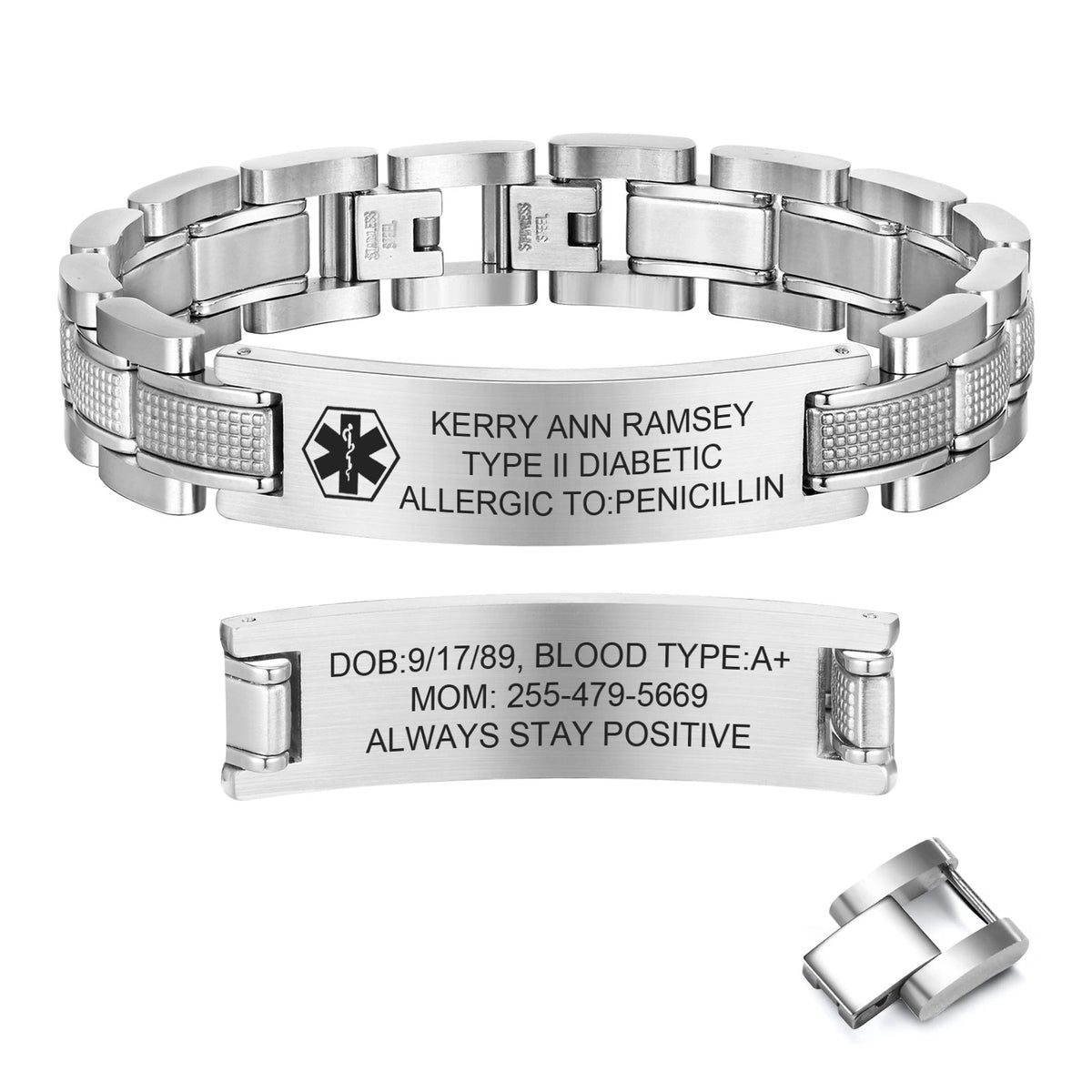 Silver stainless steel medical ID link bracelet showing personalized front and back engraving.