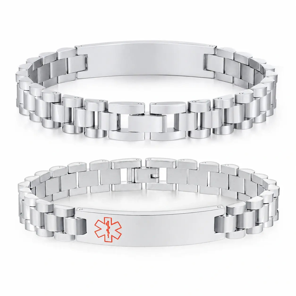 Silver stainless steel medical ID link bracelet with personalized engraving plate and red medical alert symbol.