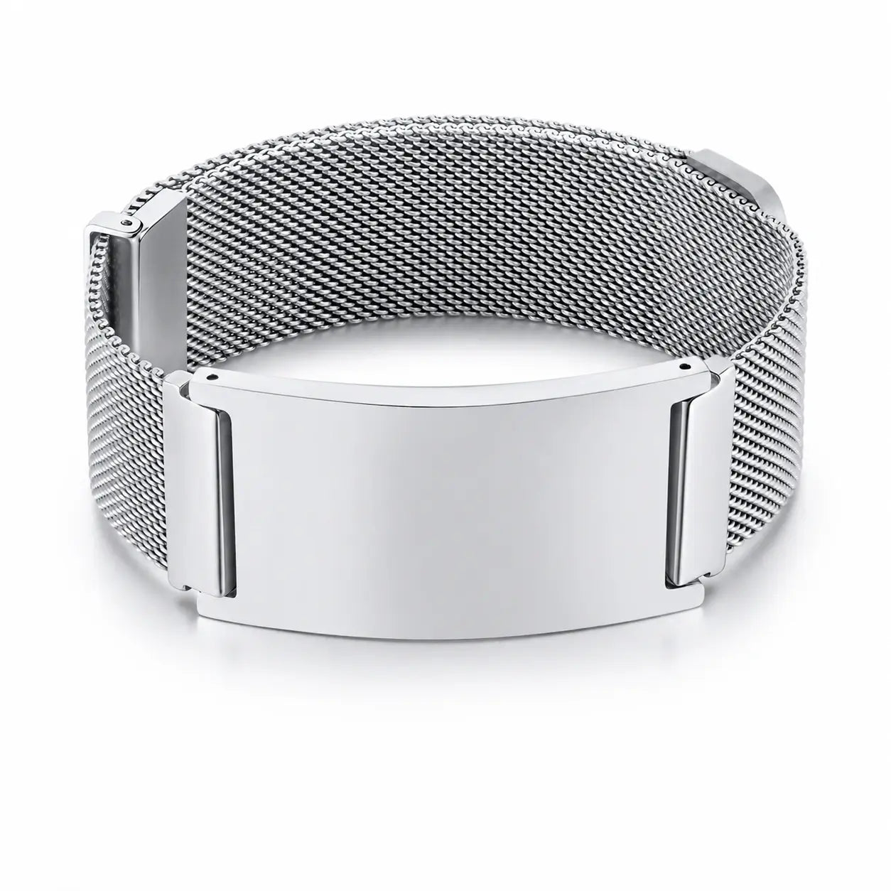 Silver stainless steel mesh medical ID bracelet with a blank engraving plate and adjustable magnetic closure.