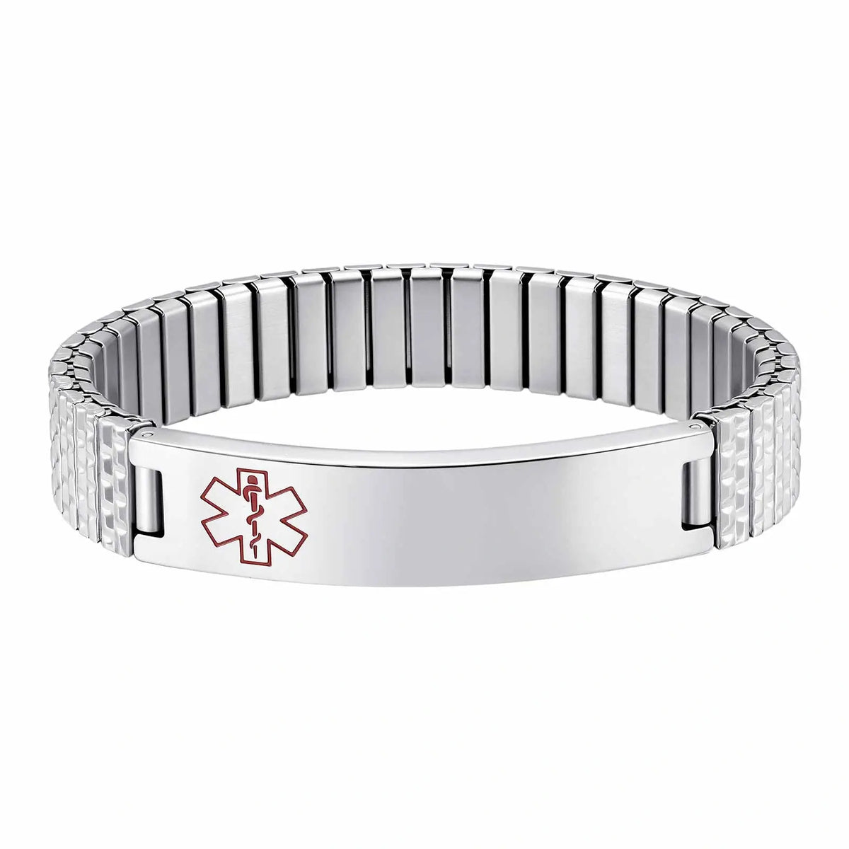 Silver stainless steel medical ID stretch bracelet with polished engraving plate and medical alert symbol.