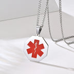 Silver octagonal medical ID necklace displayed with stainless steel chain and red medical symbol.