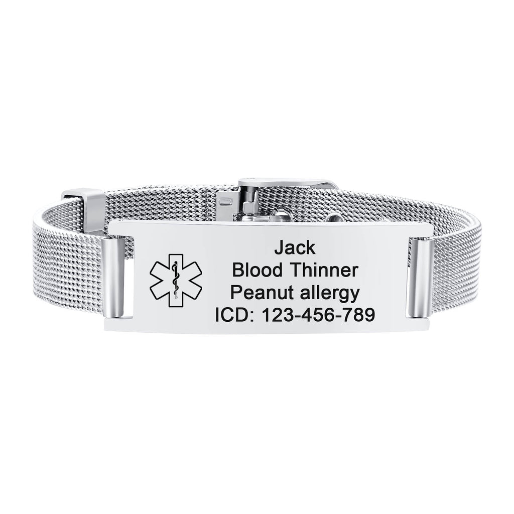 Silver personalized stainless steel medical ID mesh buckle bracelet with engraving and medical alert symbol.
