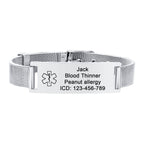 Silver personalized stainless steel medical ID mesh buckle bracelet with engraving and medical alert symbol.