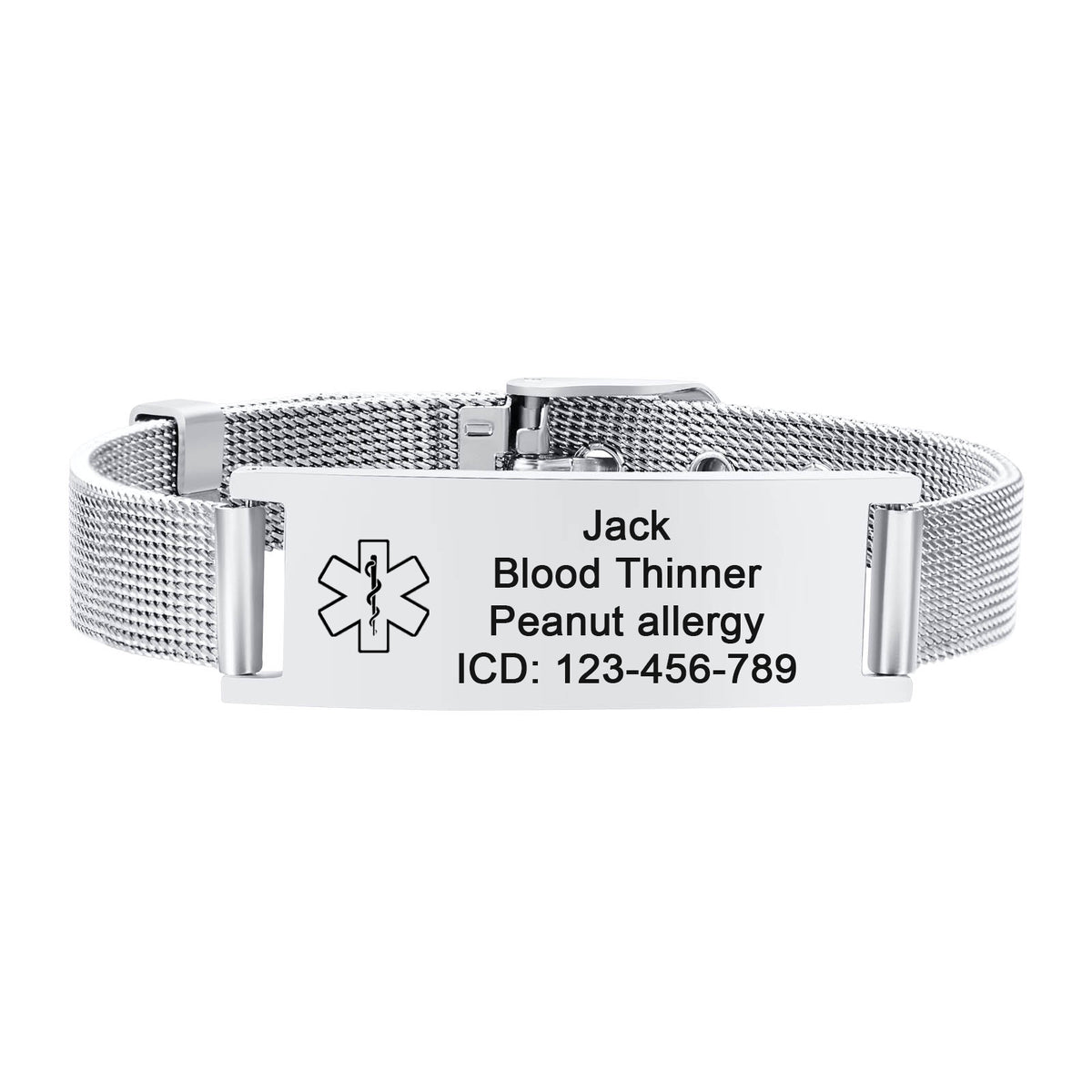 Silver personalized stainless steel medical ID mesh buckle bracelet with engraving and medical alert symbol.