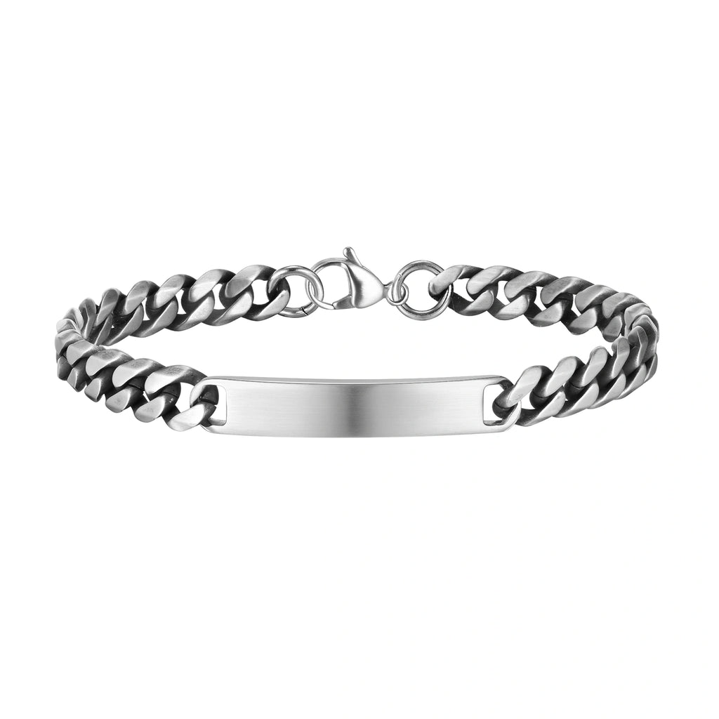 Silver stainless steel ID chain bracelet with a polished blank engraving plate.