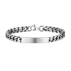 Silver stainless steel ID chain bracelet with a polished blank engraving plate.