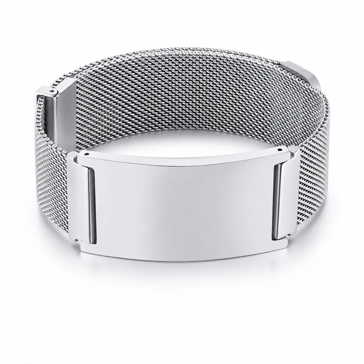 Silver stainless steel mesh ID bracelet with a smooth polished plate and matching woven metal strap