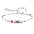 Silver Type 2 Diabetes medical ID bracelet with CZ accents, engraved plate, and red medical symbol.