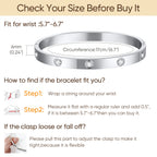 Silver tone crystal bangle size guide showing bracelet dimensions, wrist measurement instructions, and tips for choosing the correct fit.