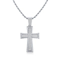 Silver tone iced out cross pendant necklace featuring sparkling rhinestones, a large cross design, and a textured rope chain on a white background.