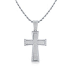 Silver tone iced out cross pendant necklace featuring sparkling rhinestones, a large cross design, and a textured rope chain on a white background.