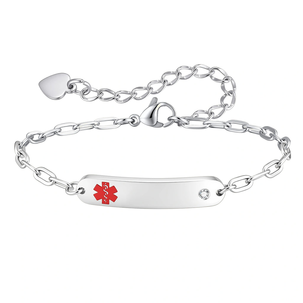 Silver personalized women's medical ID bracelet with CZ accents, engraving plate, and red medical symbol.
