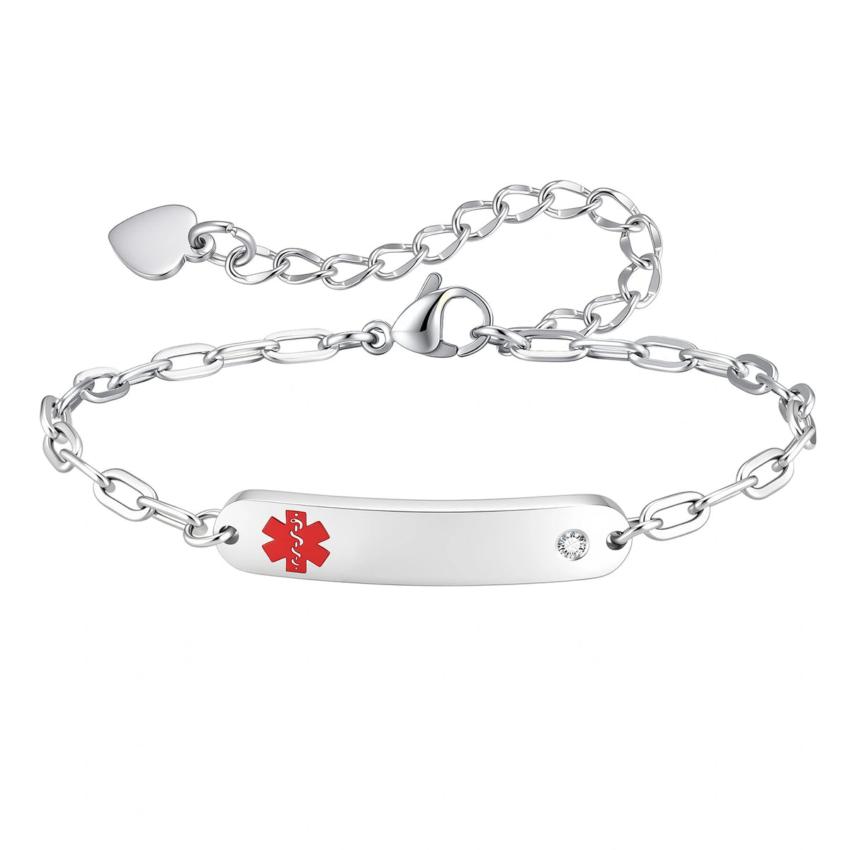 Silver personalized women's medical ID bracelet with CZ accents, engraving plate, and red medical symbol.