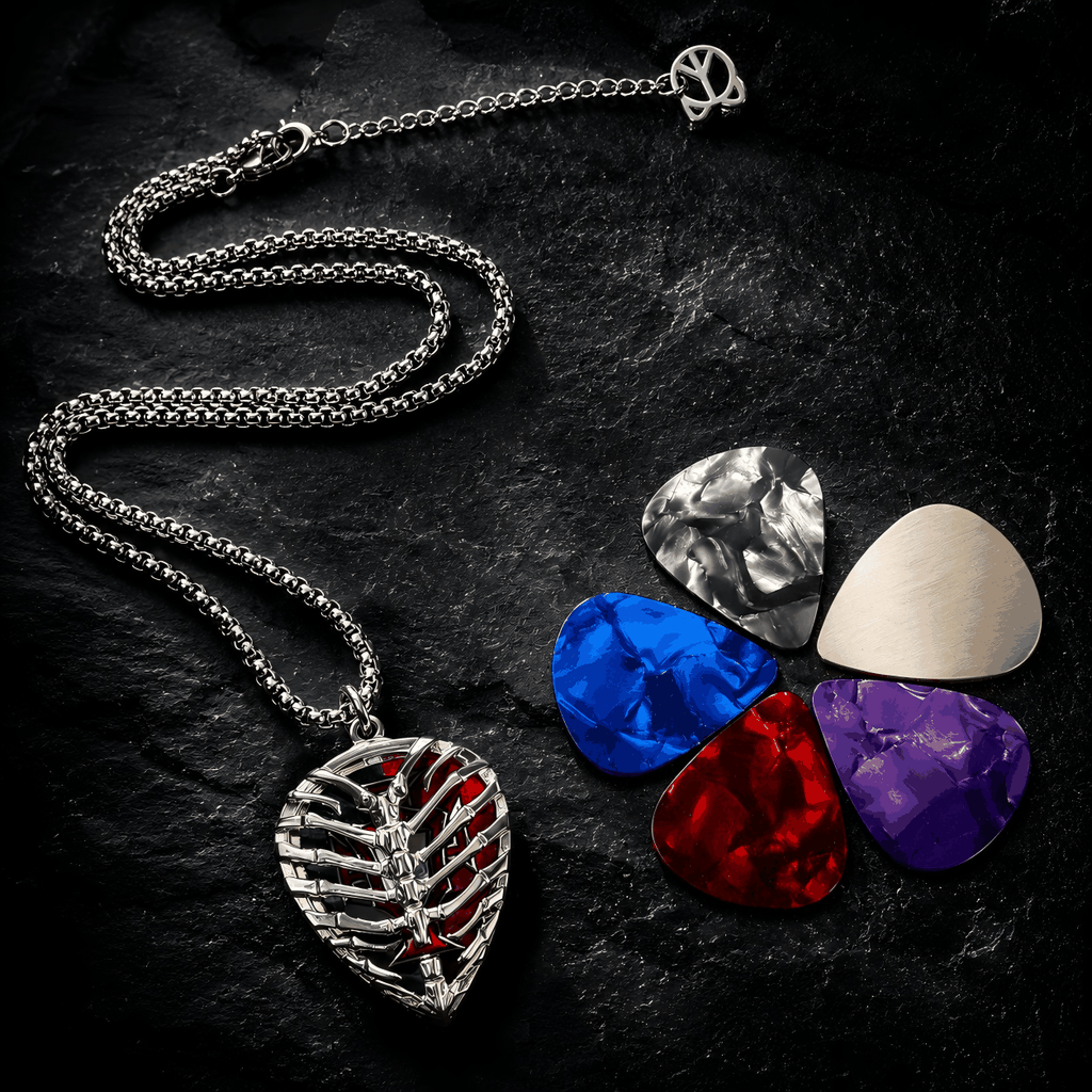 Skull guitar pick holder necklace with copper pendant and stainless steel chain