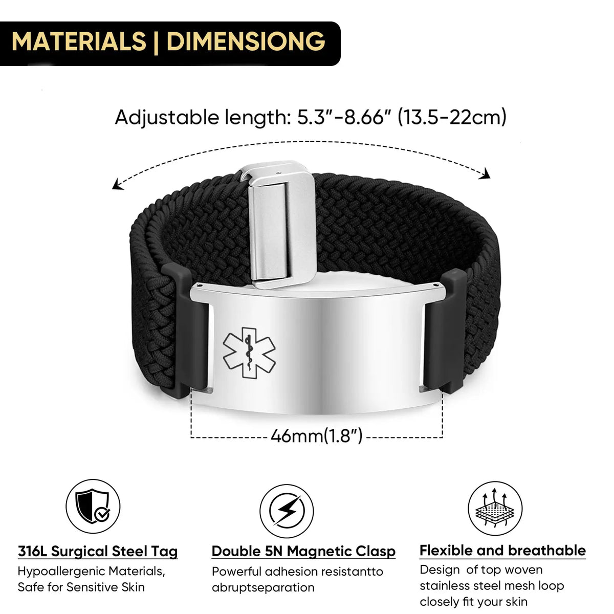 Product specifications showing the stainless steel ID plate, woven band, dimensions, and design features
