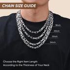 Model wearing layered stainless steel rectangular link necklaces in three different lengths, showing how each chain sits around the neck.