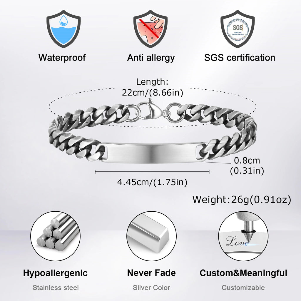 Stainless steel ID chain bracelet feature guide showing the engraving plate, chain, and bracelet details.