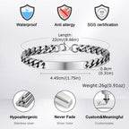 Stainless steel ID chain bracelet feature guide showing the engraving plate, chain, and bracelet details.