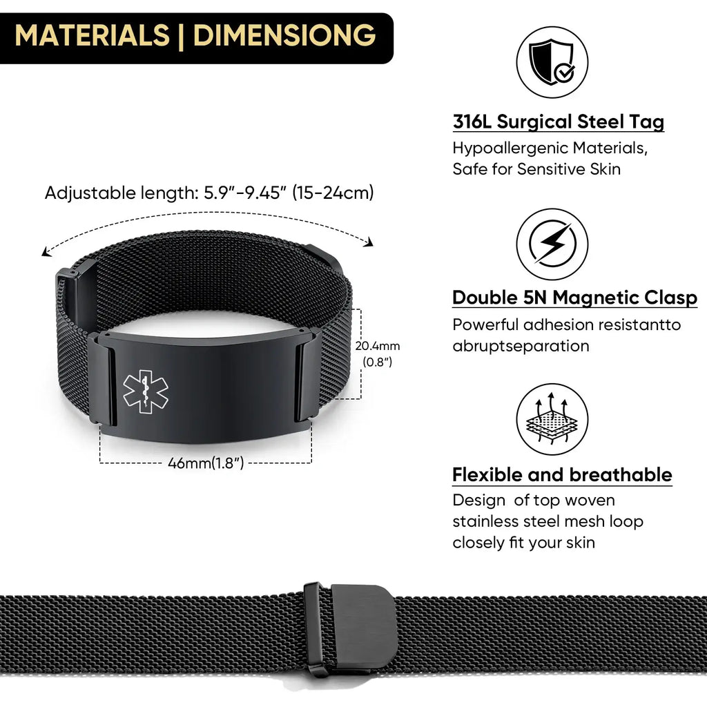 Product detail guide showing the stainless steel mesh band, clasp design, and bracelet dimensions