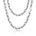 Polished stainless steel rectangular link chain necklace with 7.5 mm wide silver-tone links and a lobster clasp on a white background.