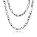 Polished stainless steel rectangular link chain necklace with 7.5 mm wide silver-tone links and a lobster clasp on a white background.
