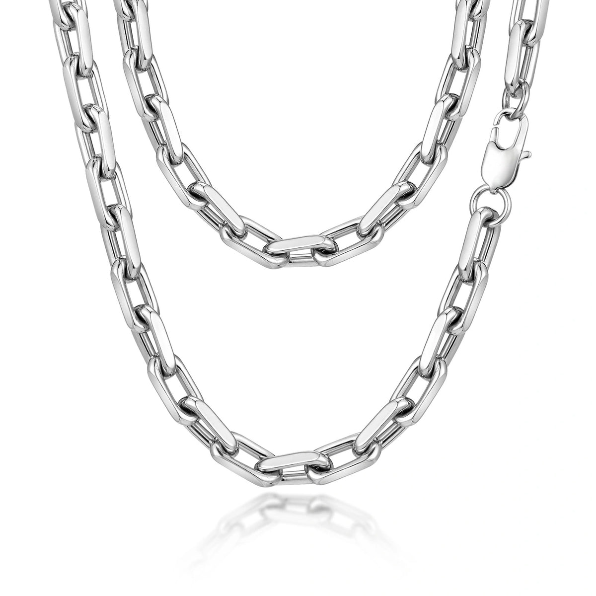 Polished stainless steel rectangular link chain necklace with 7.5 mm wide silver-tone links and a lobster clasp on a white background.