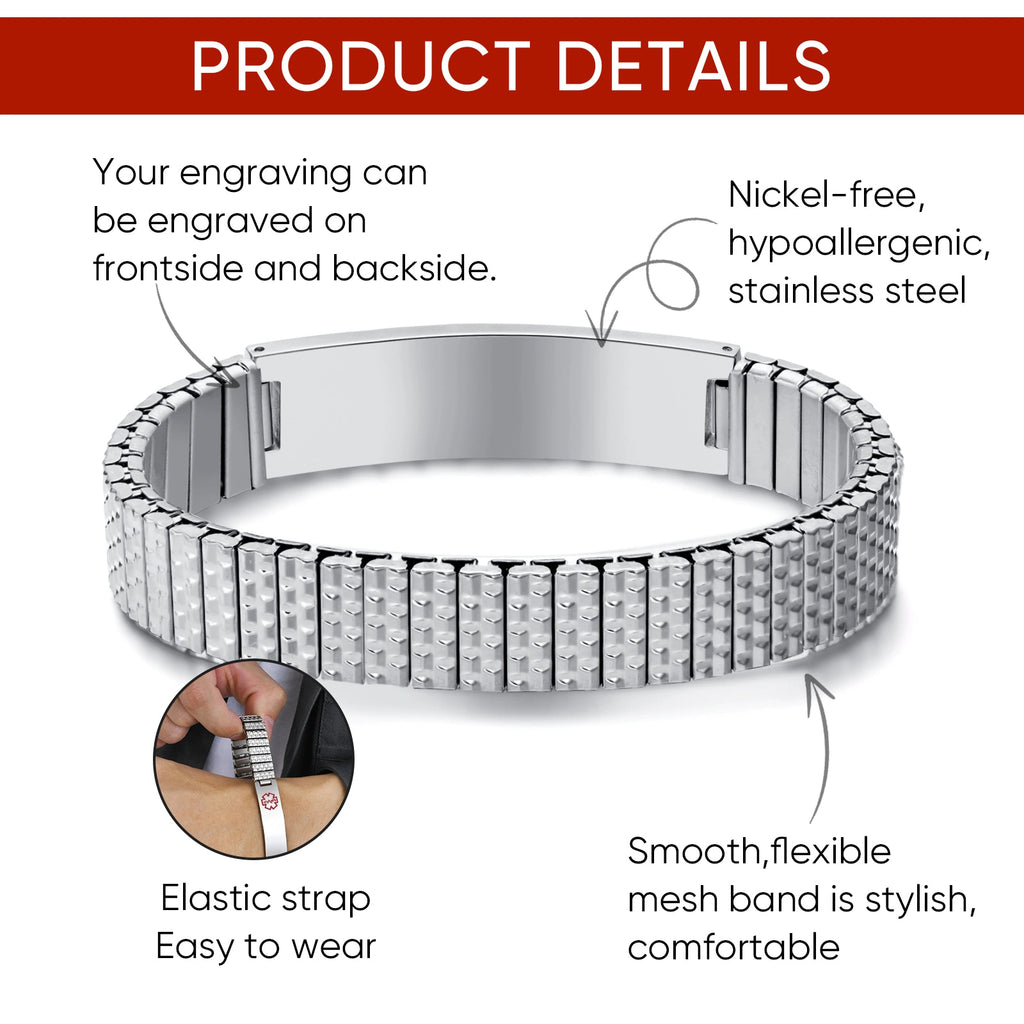 Product details showing the expandable stainless steel band and polished medical ID plate