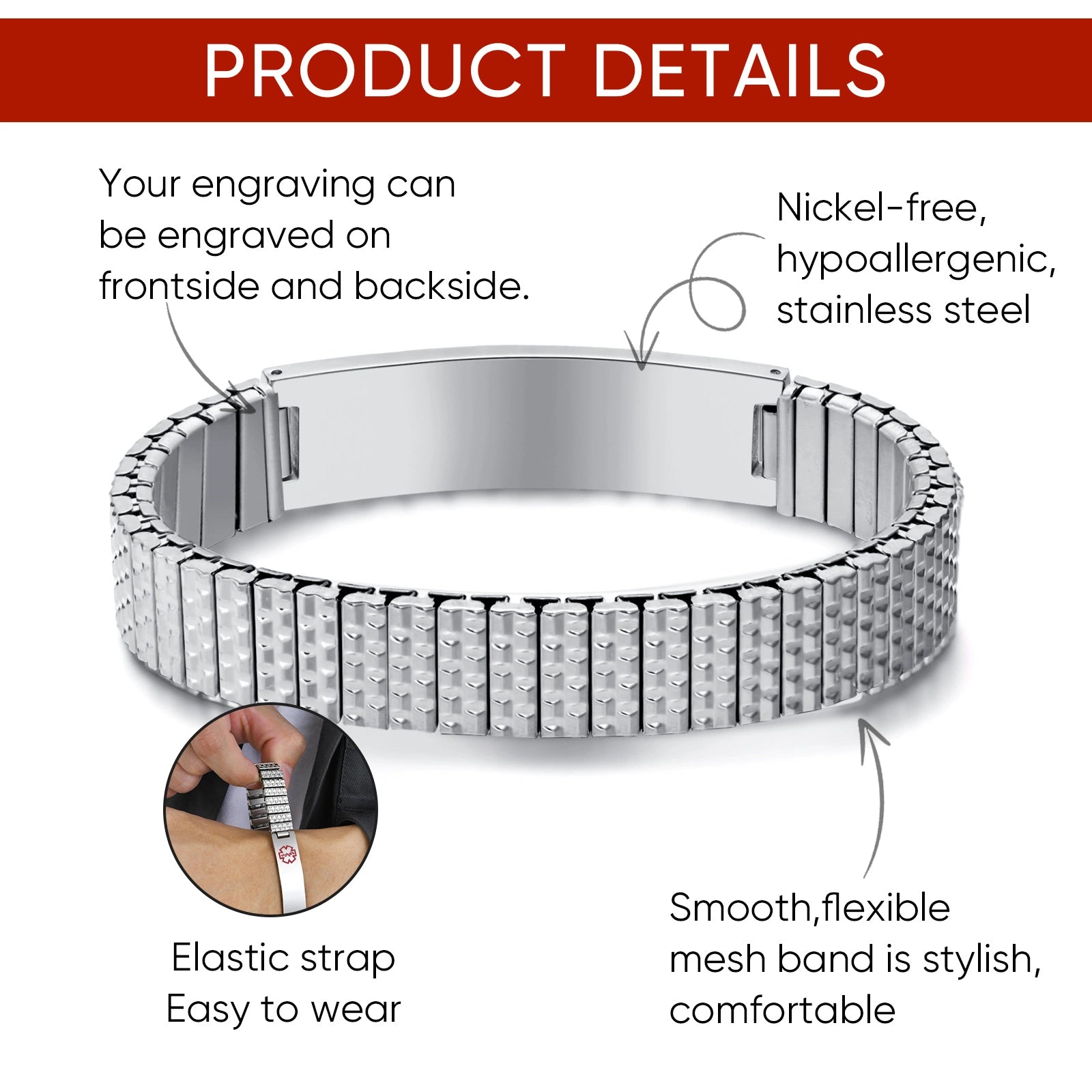 Stainless steel medical ID stretch bracelet detail guide showing the ID plate and expandable band.