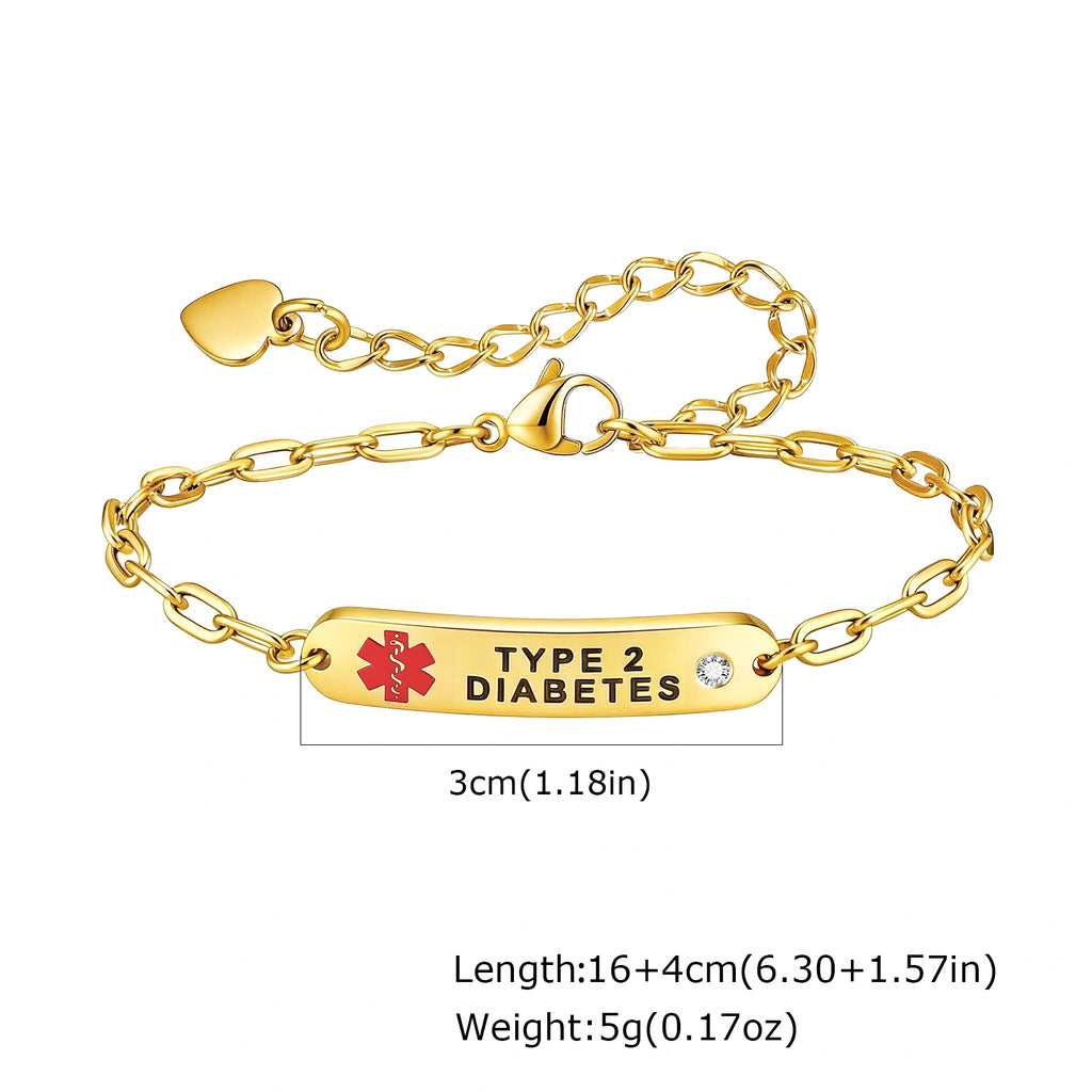 Type 2 Diabetes medical ID bracelet size guide showing the ID plate, bracelet length, and heart charm.