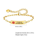 Type 2 Diabetes medical ID bracelet size guide showing the ID plate, bracelet length, and heart charm.