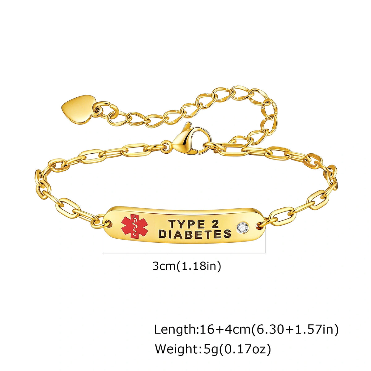 Type 2 Diabetes medical ID bracelet size guide showing the ID plate, bracelet length, and heart charm.