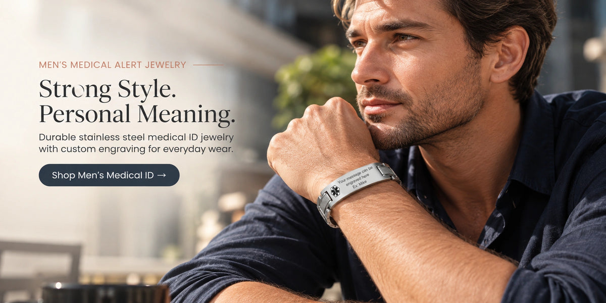 Man wearing a personalized stainless steel medical ID bracelet with an engraved plate, featured in the VNOX men's jewelry collection banner