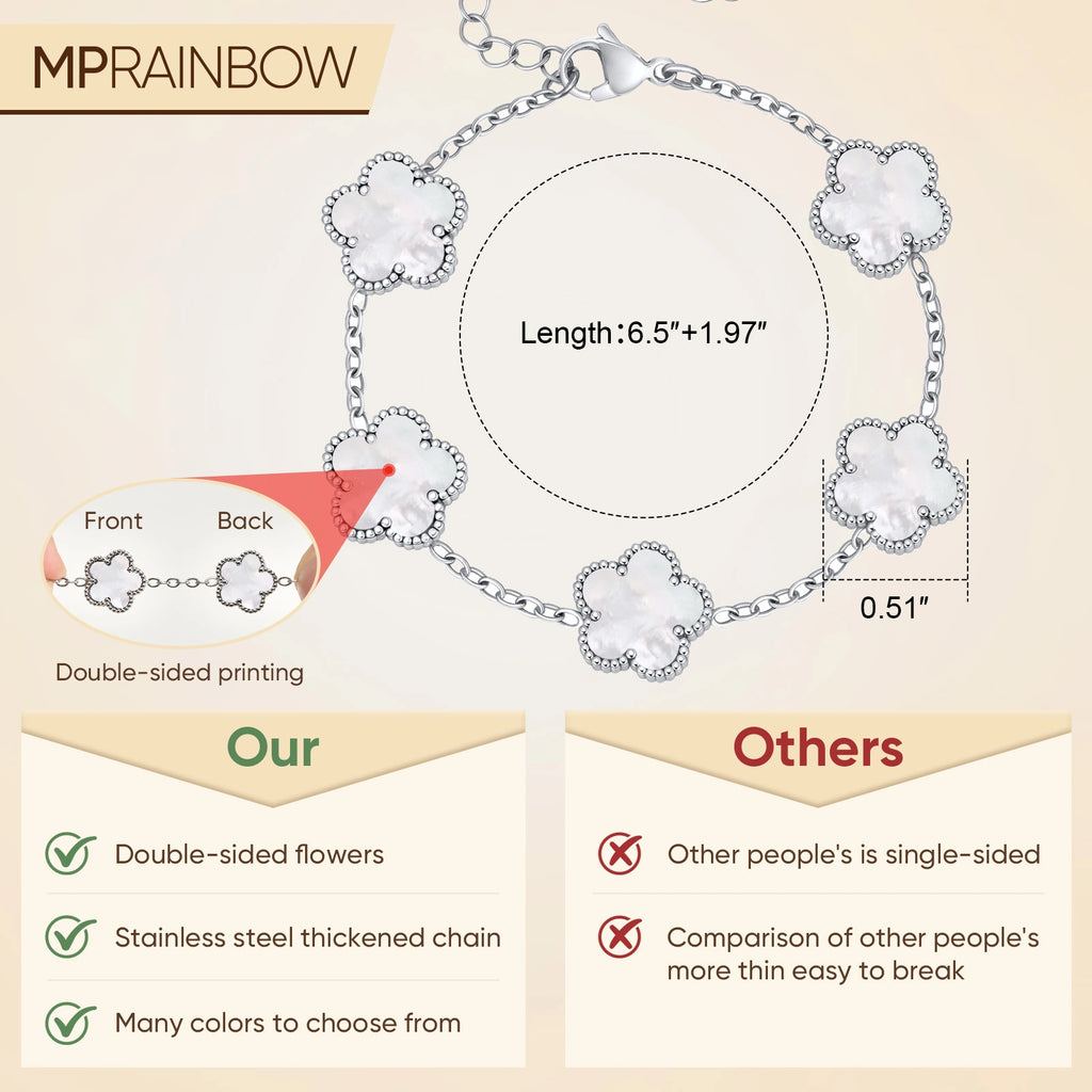 Comparison infographic highlighting the white mother of pearl flower charms, silver tone chain, and design details of the five-flower bracelet.