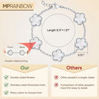 Comparison infographic highlighting the white mother of pearl flower charms, silver tone chain, and design details of the five-flower bracelet.