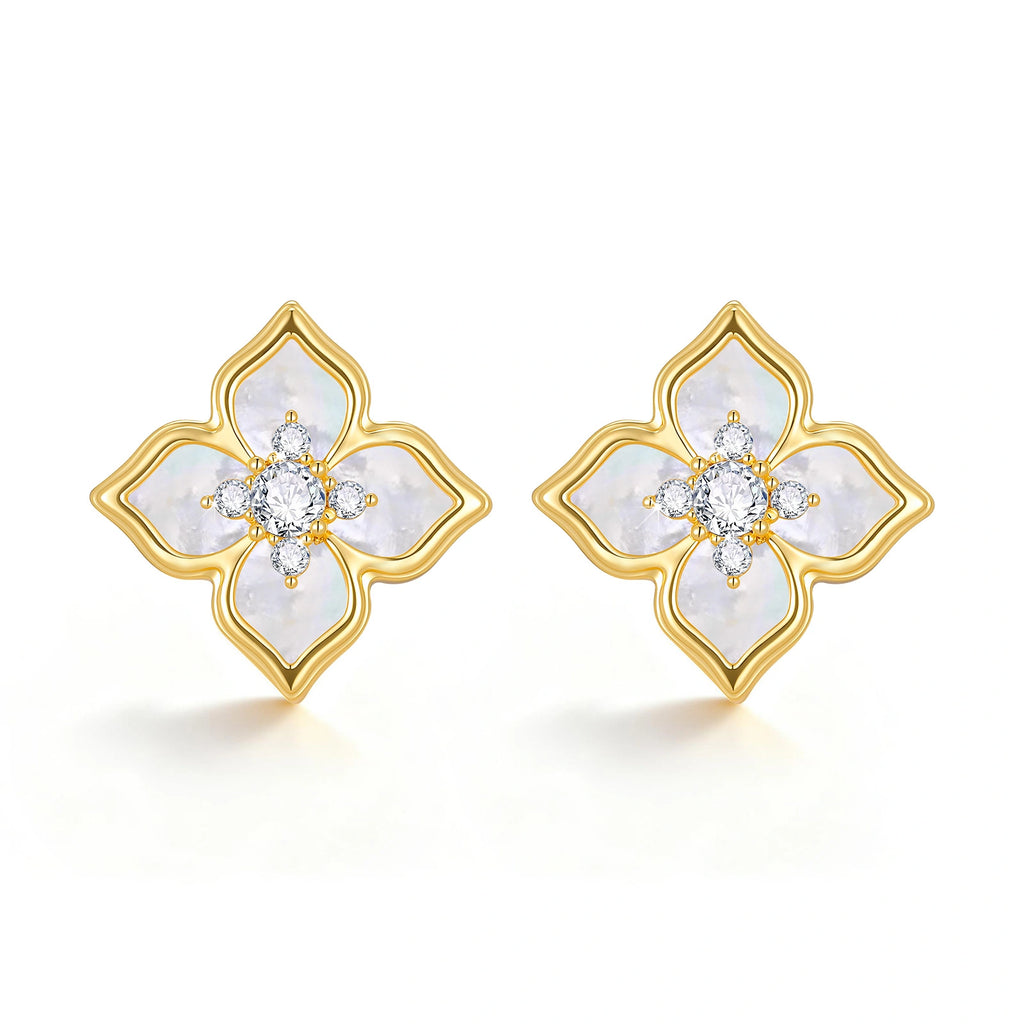 Front view of a pair of gold four leaf clover earrings featuring iridescent white mother of pearl inlays and delicate CZ stone centers.