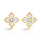 Front view of a pair of gold four leaf clover earrings featuring iridescent white mother of pearl inlays and delicate CZ stone centers.