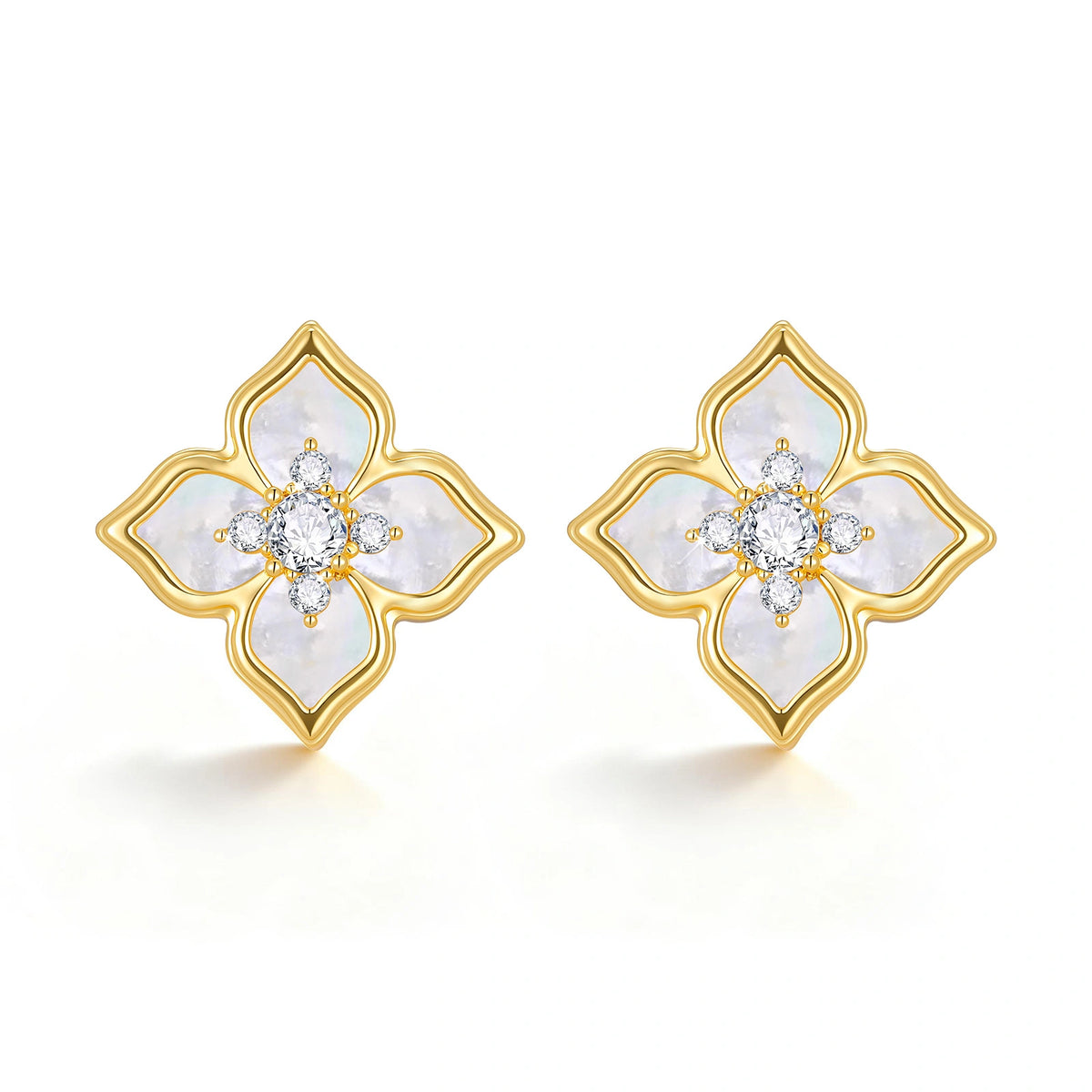 Front view of a pair of gold four leaf clover earrings featuring iridescent white mother of pearl inlays and delicate CZ stone centers.