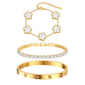 Three-piece gold tone bracelet set featuring white mother of pearl flower charms, a sparkling CZ tennis bracelet, and a crystal-accented bangle.