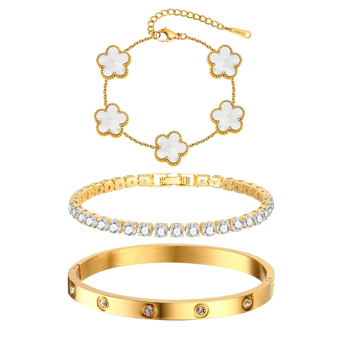 Three-piece gold tone bracelet set featuring white mother of pearl flower charms, a sparkling CZ tennis bracelet, and a crystal-accented bangle.