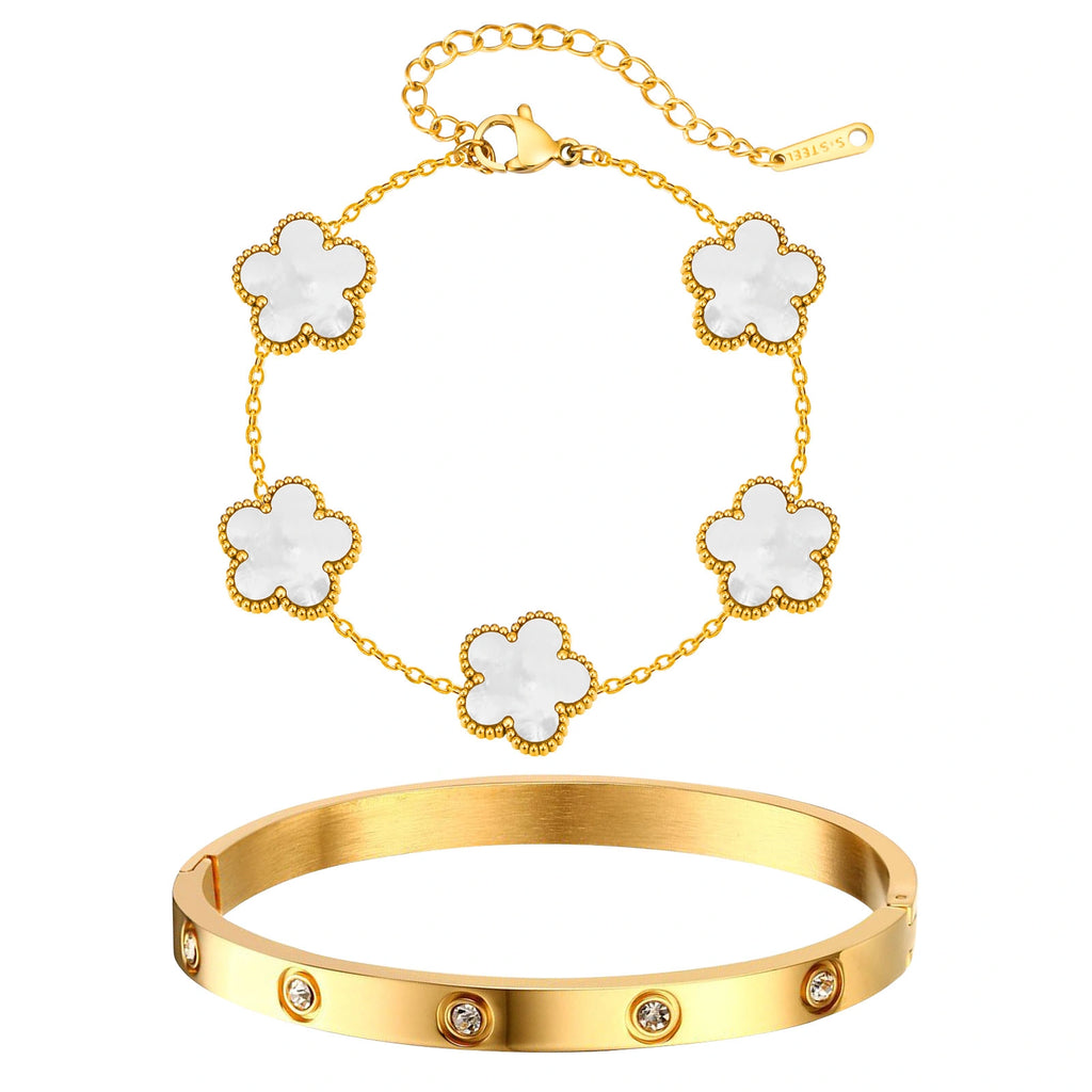 Two-piece gold tone bracelet set featuring five white mother of pearl flower charms and a stainless steel bangle with sparkling crystal accents.