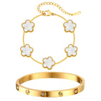 Two-piece gold tone bracelet set featuring five white mother of pearl flower charms and a stainless steel bangle with sparkling crystal accents.