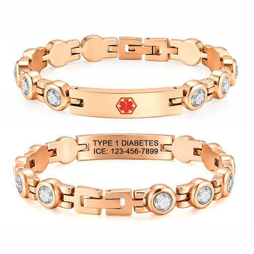 Rose gold personalized medical ID link bracelet with CZ accents, red medical symbol, and engraving.